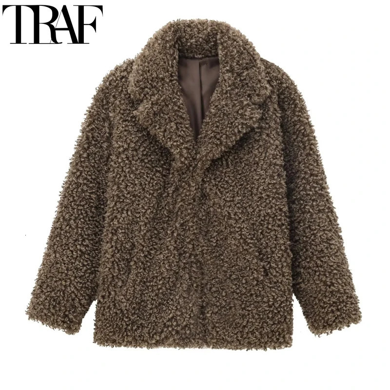 TRAF womens winter fur brown faux fur coat womens Parkas plush short teddy bear coat womens fluffy warm coat 241112
