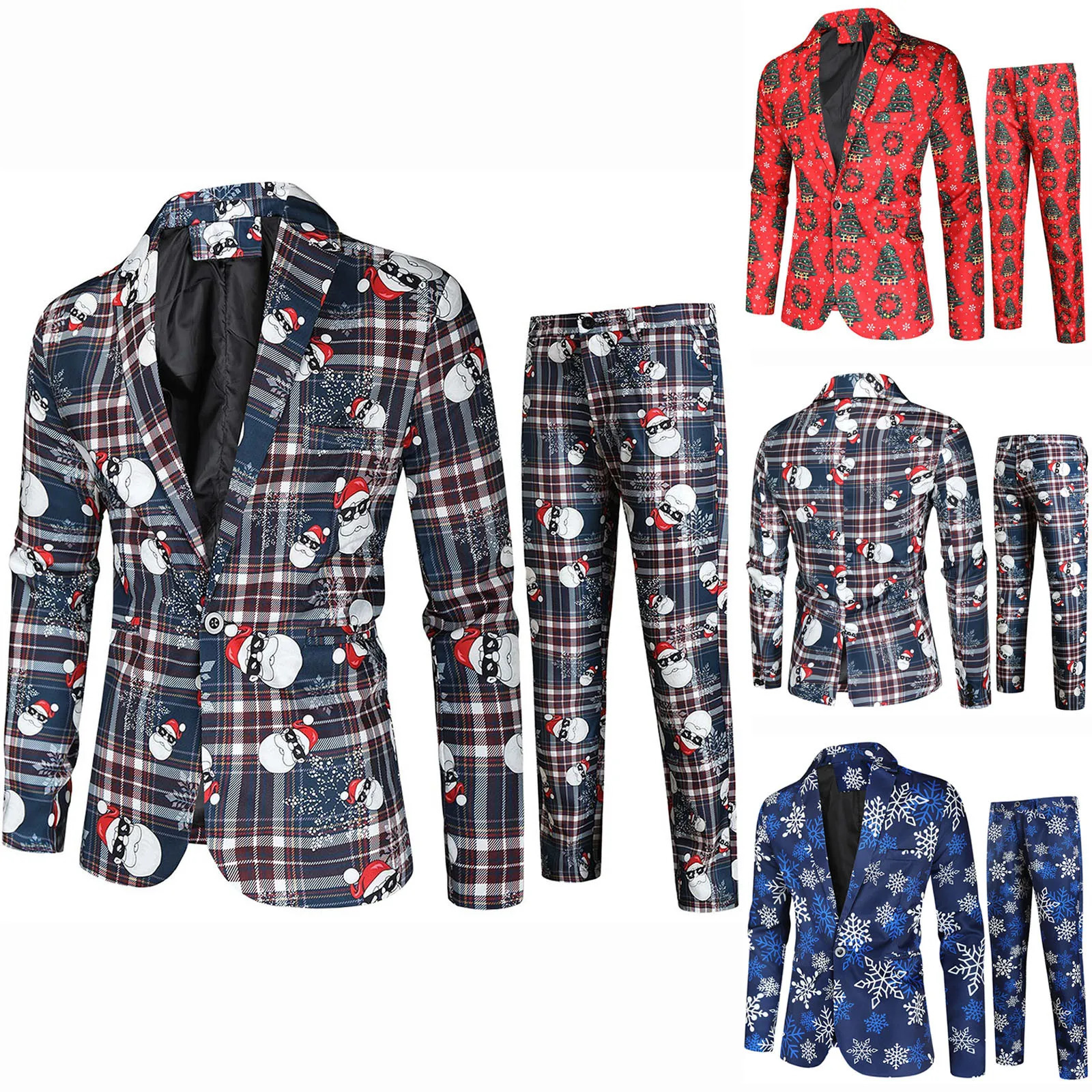 Men Jacket Pants Suit Business Casual Cartoon Santa Snowflake Print Blazers Set Men Year Party Coat Long Trousers Sets 241113