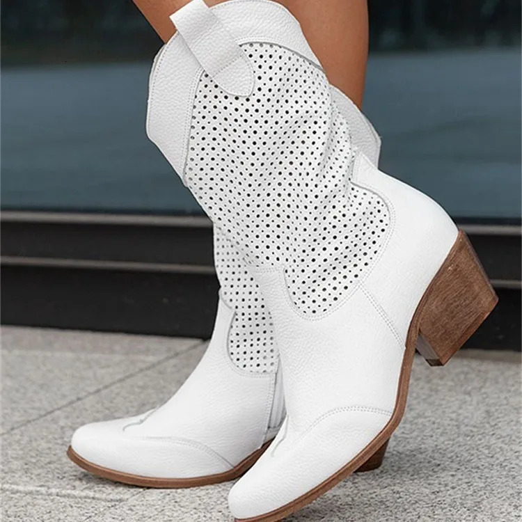 White Western Cowboy Boot Low Heels Womens Mid-Calf Cowgirl Boots Casual Shoes 241112