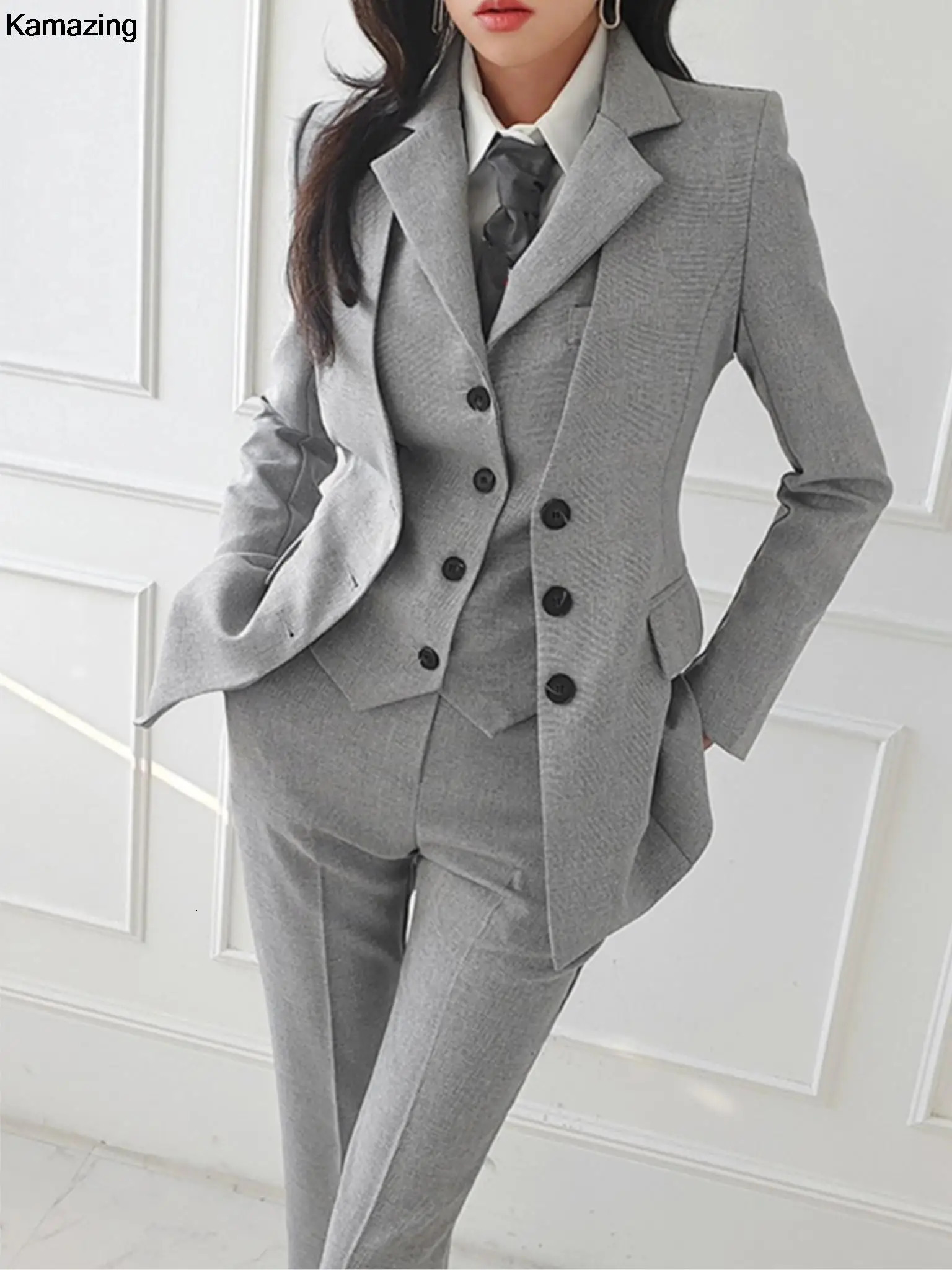 Fashion Office Womens 3-Piece Jacket Set Womens Business Formal Set Retro Recessed Collar Jacket Button Vest Set 241112