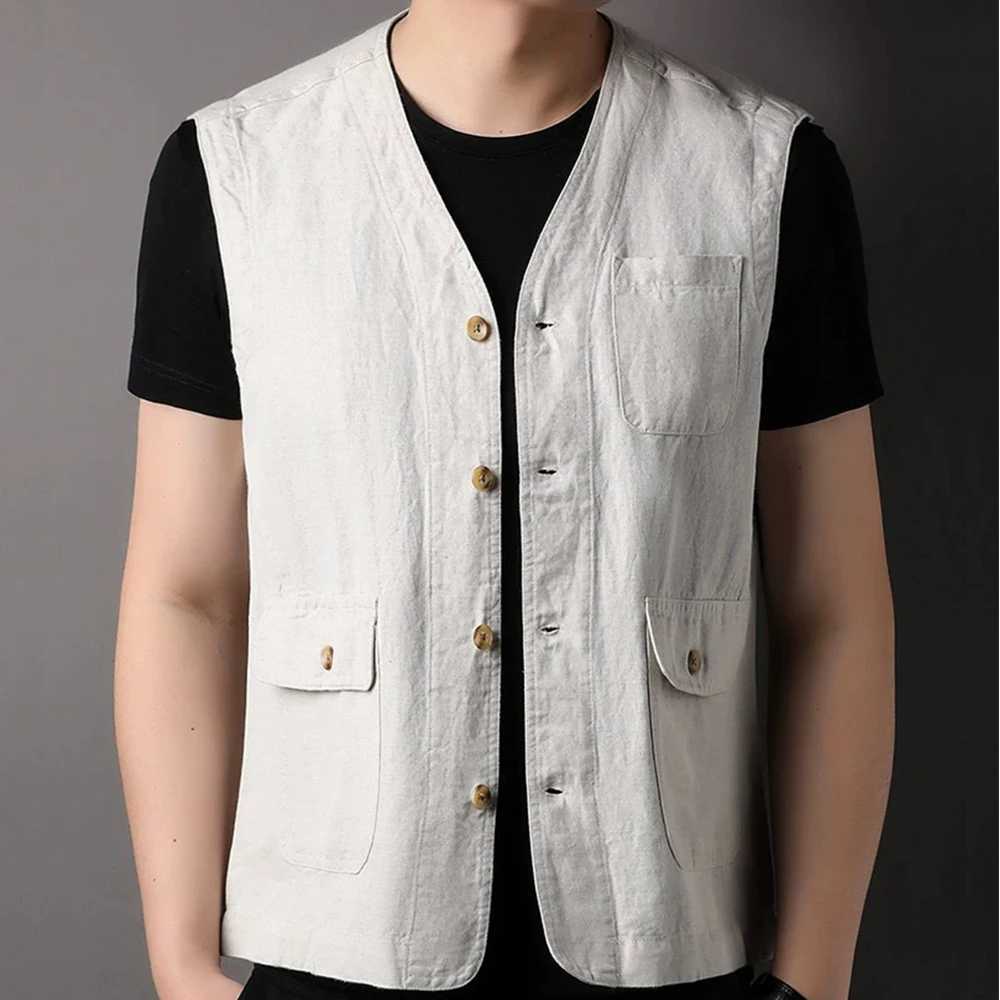 Vêtements de lin masculins pour hommes avec poche une veste sans manches décontractée à poitrine simple et à poitrine