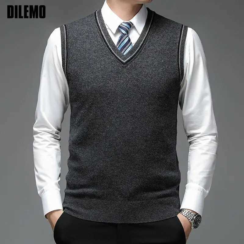 100% high-quality wool new Autumn fashion brand solid pullover sweater V-neck knitted vest mens plain weave sleeveless casual mens clothing W2411