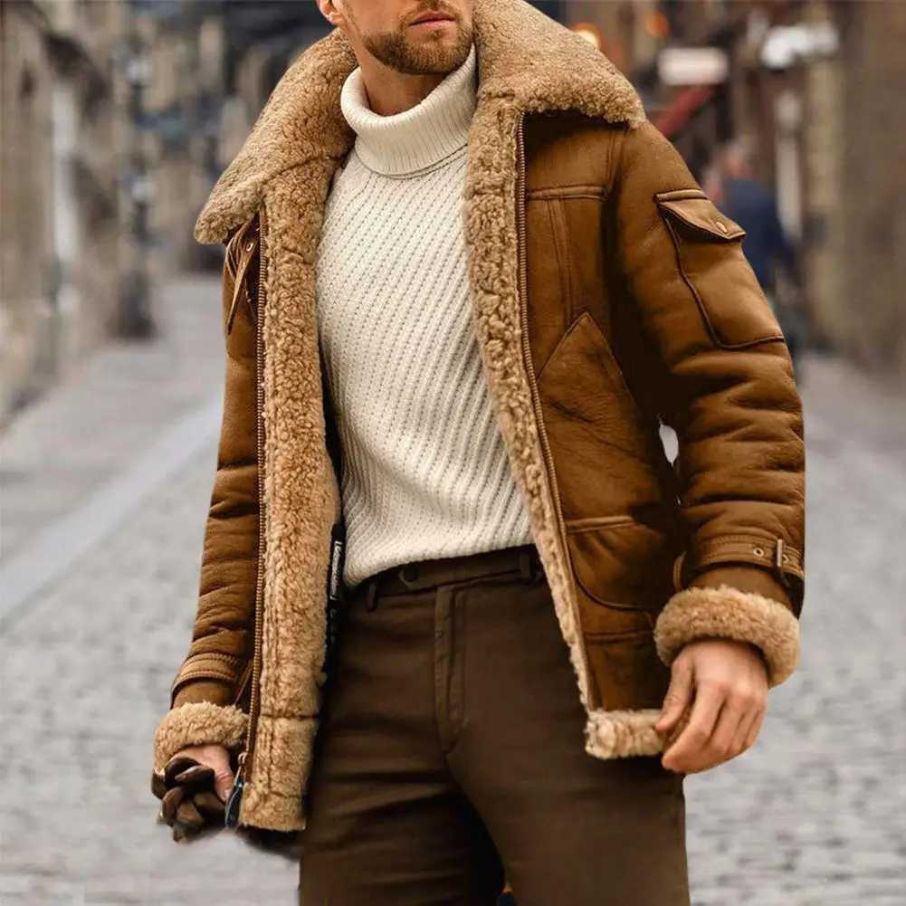 Mens outerwear with a vintage collar and faux leather pockets for cold protection mens jacket W241113