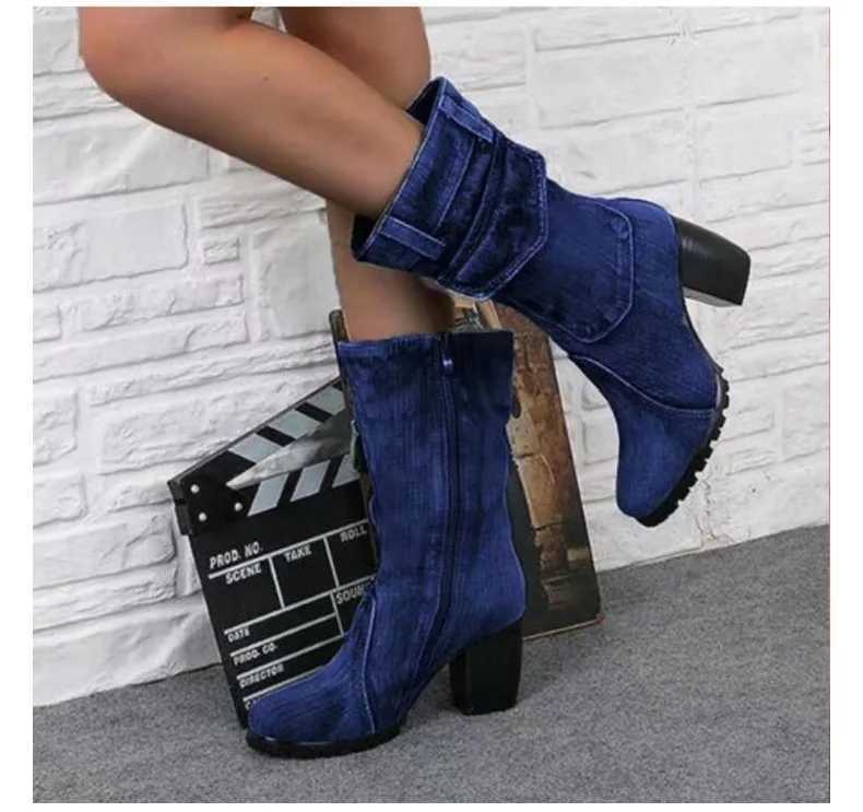 High Quality Spring and autumn denim boots suitable for warm rising solid color oversized shoes wan Slip Chunky Med H mid-range boots T241113