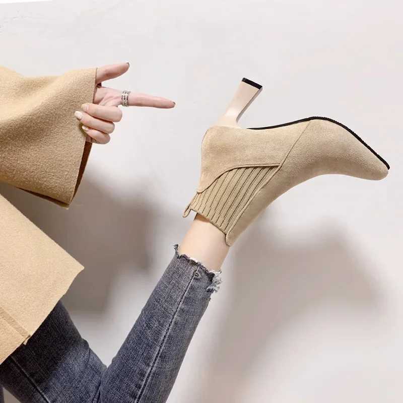 High Quality Ankle Boots Wen Autumn Pointed Toe Knitted Warm Elastic Wens Shoes Casual High H Platform Boots Botas De Mujer T241113