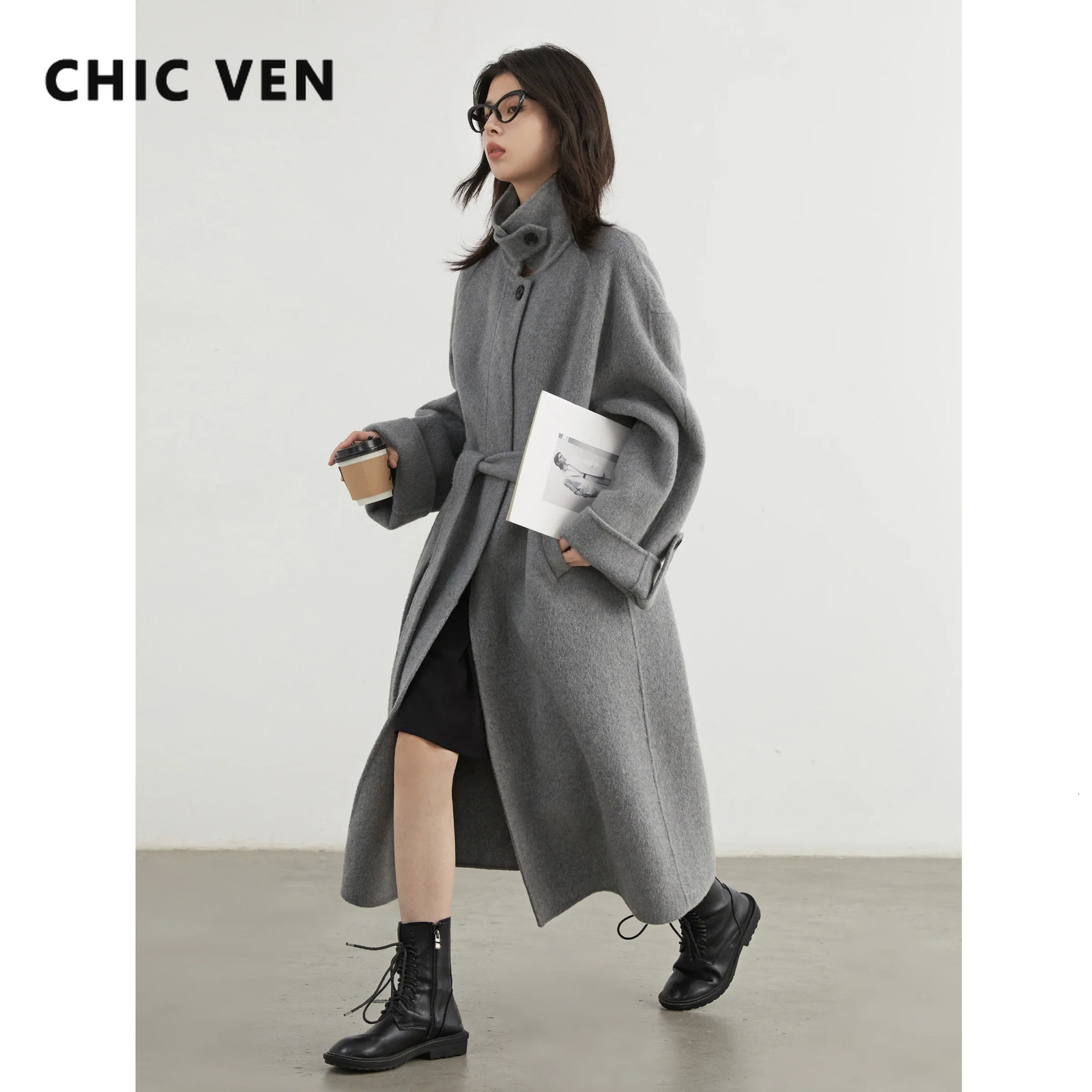 Chic Ven Fashion Femmes Long Woolen Coat Solide Loose décontractée Single Single Breasted DoubleSided Dames Tobat Belt Automne Hiver 2024 241108
