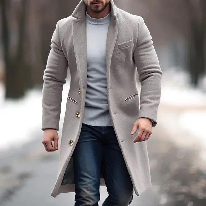 Mens Mid Length Woolen Coat Winter Single Breasted Wool 2024 Suit Collar Solid Color Office Pocket Jacket 241107Z