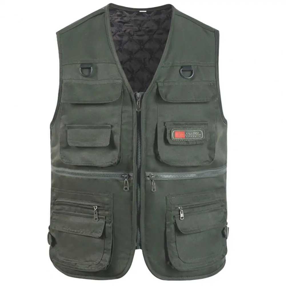 Gilet de pêche d'hiver plusieurs poches sans manches couleurs de couleur massif épaissis en V Keep Cardigan plus taille pour hommes veste d'hiver