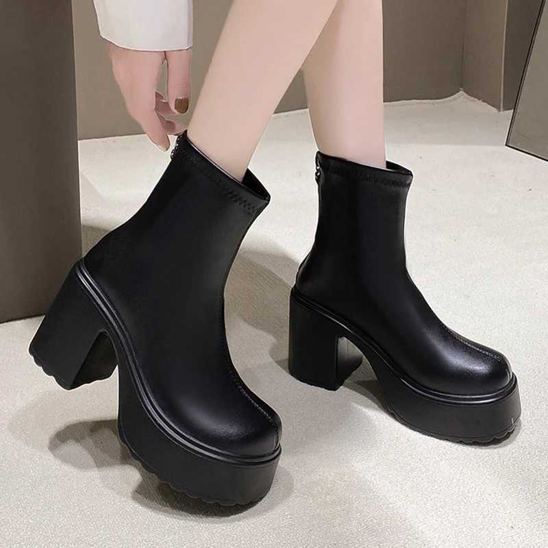 High Quality PU leather block platform foot boots with back zipper thick high heels short boots with universal joints high H black punk shoes for