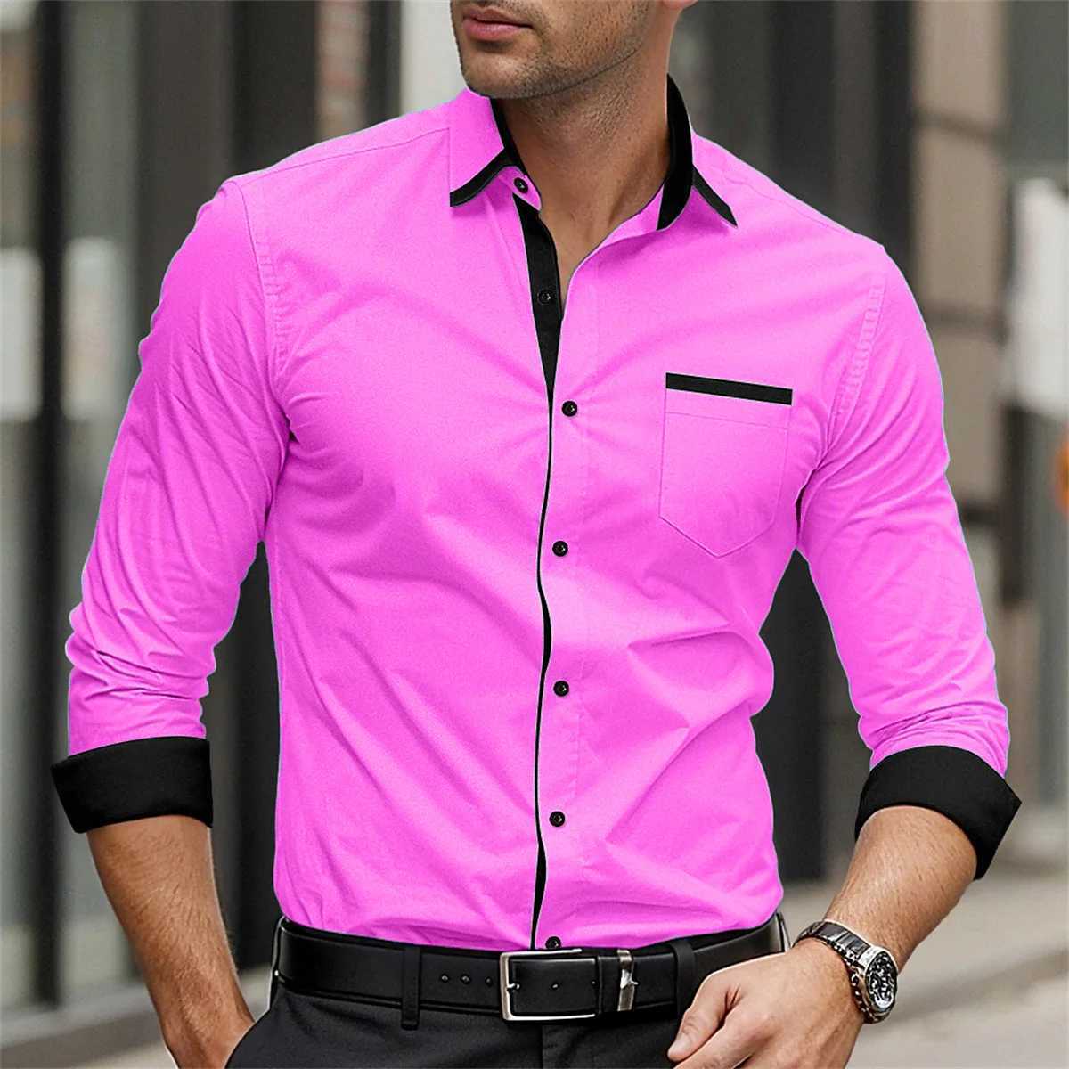 Mens formal shirt solid color splicing business casual printed shirt for spring and summer daily wear pocket comfortable shirtXJ24113