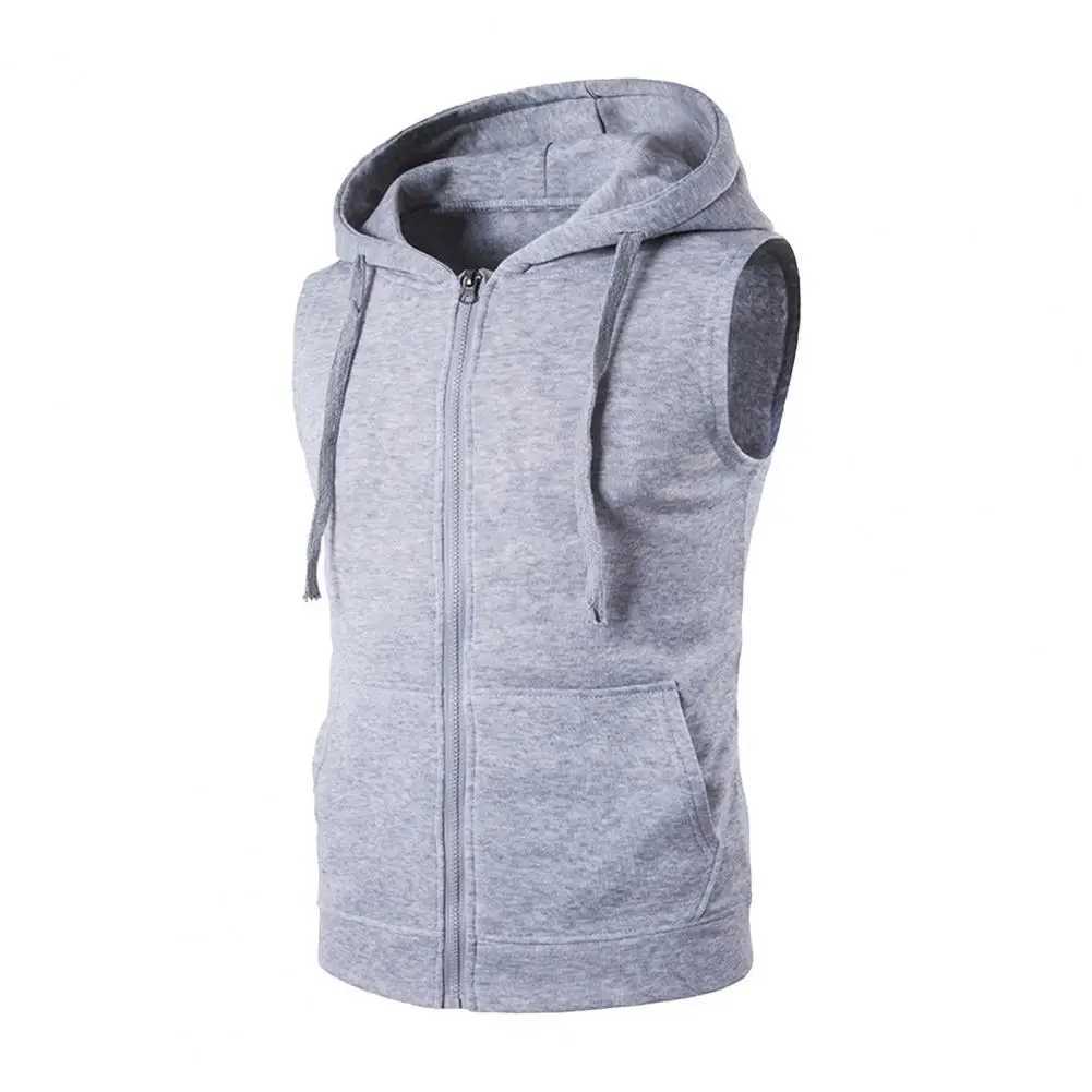 New mens sleeveless sweater vest solid color simple casual hooded zipper pocket sweater jacket hooded vest W241113