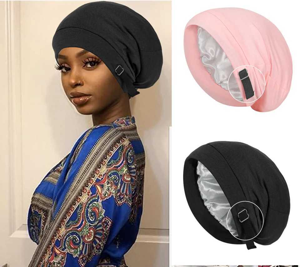Satin lined mens hat soft and elastic adjustable satin night sleep hat curly braided hair care silk turbine sleep hat W241113