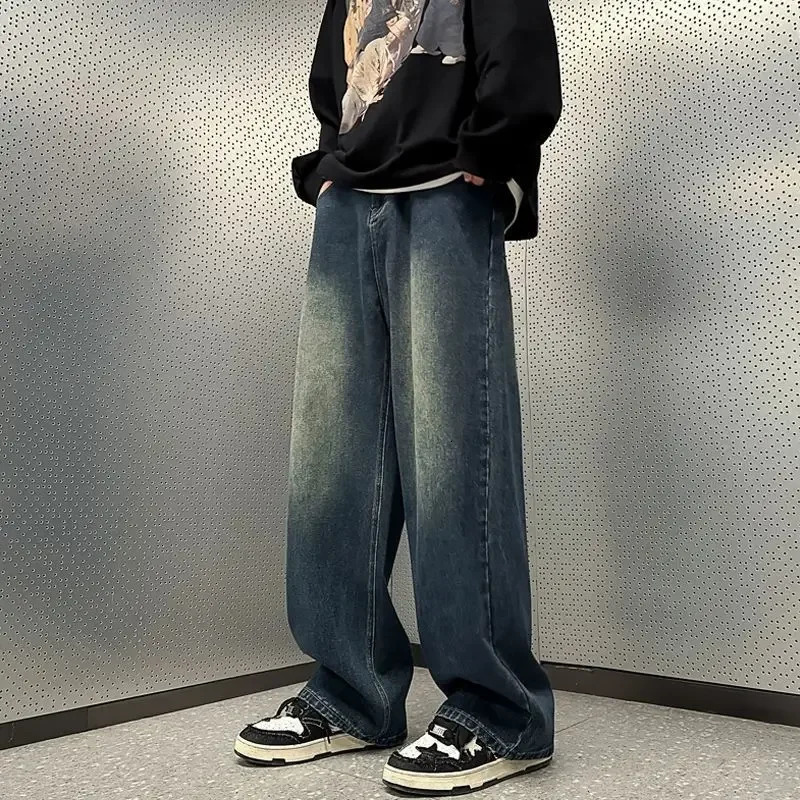 Vintage Mens Jeans Loose Fit Distressed Oversize American Style Casual Draped Wide Leg Dragged Pants Trendy 241113