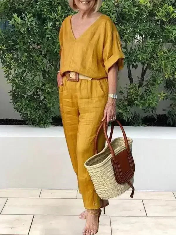 2024 Spring Cotton Linen Womens Tracksuit Suit Vneck Top Drawstring Casual Long Pants Set Female Trendy Fashion Ladies Clothes 240407