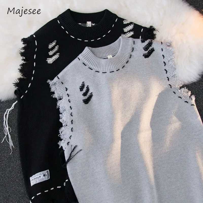 Sweater vest mens style worn out primitive edges comfortable sleeveless fully matched Japanese style knitted casual daily fashion aesthetic class