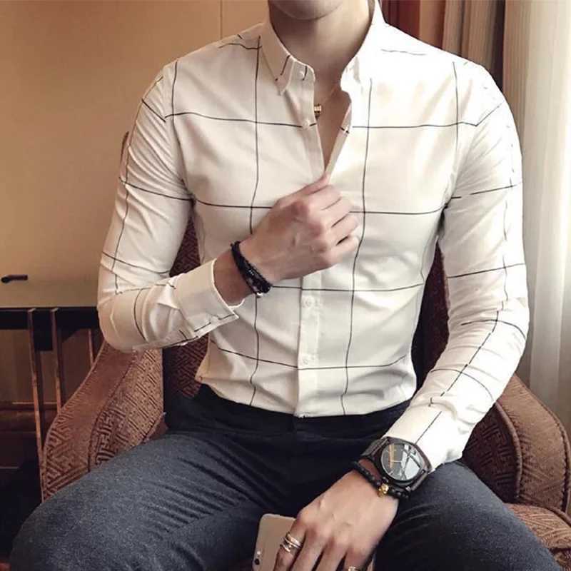 Summer Loose Casual Handsome Retro Korean Style Elegant Fashion Mens Shirt Button Plaid Splicing Lapels Long Sleeve Chic TopsXJ24113