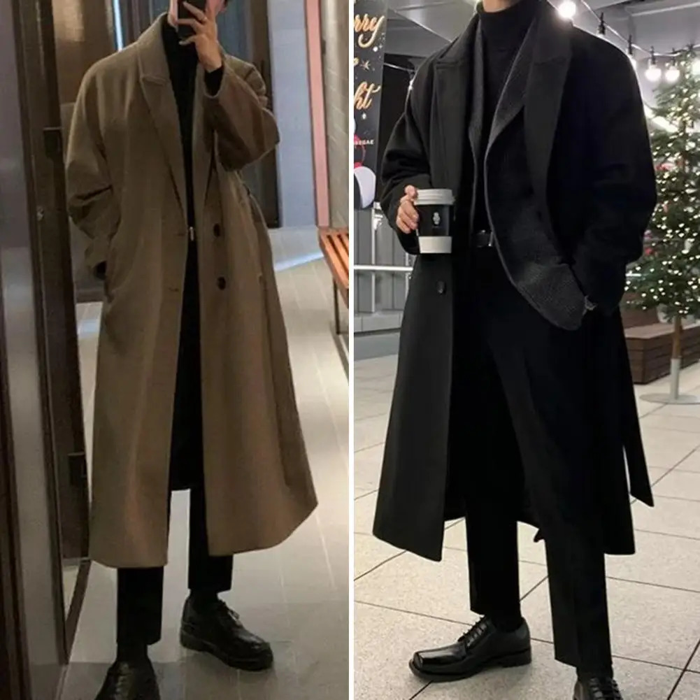 Men Woolen Coat Mens Long with Lapel Twobutton Placket Solid Color Windbreaker Outwear Pockets for 241107Z