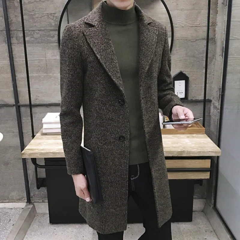 Mens Thick Wool Blends Trench Long Casual Top Coats Fashion Warm Coat Lapel Collar Overcoat Plus Size 5XL Male Slim Windbreaker 241107Z