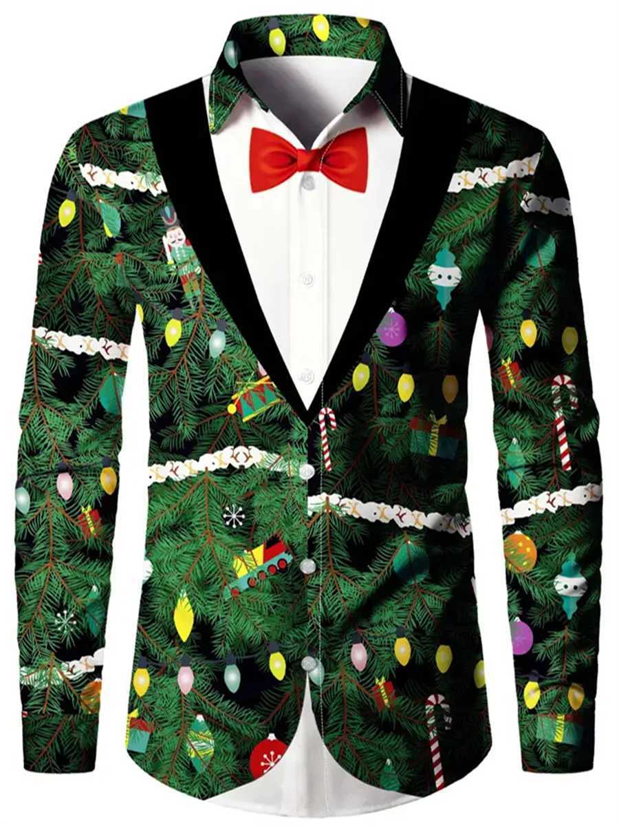 Christmas T-shirt shirt long sleeve button Christmas tree HD pattern soft and comfortable 2023 new muscle mens top shirt XS-6XLXJ24113