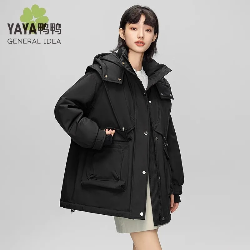 YAYA Winter Womens 90% Duck Down Inflatable Jacket Medium length Windproof Thick Rainproof Coat Non Removable Hat Parka 241113