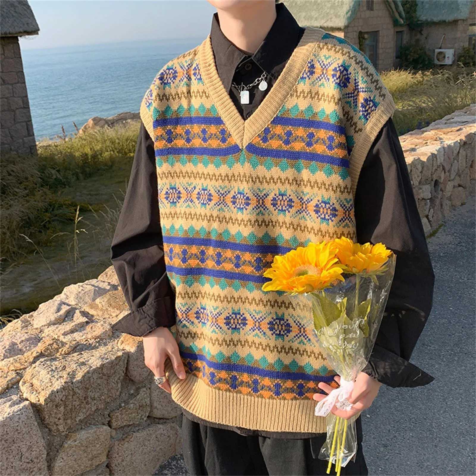 Japanese style retro brown womens knitted vest V-neck sleeveless loose oversized sweater vest 2023 new autumn Y2K vest W241113