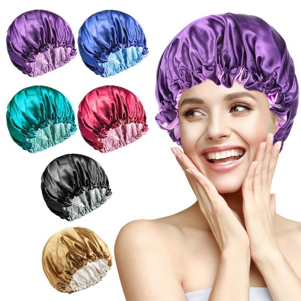 New double-layer top womens dyed solid color sleep cap hair care cap silk satin adjustable wig cap pink black W241113