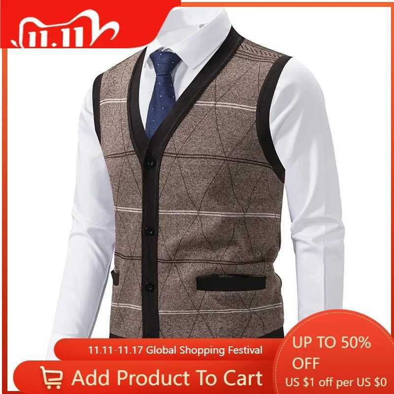 New autumn mens knitted vest plain casual sweater vest sleeveless cardigan wool sweater high-quality mens coat jacket vest size 3 W241113