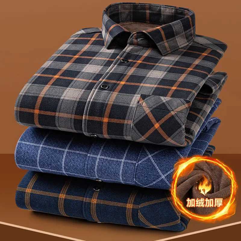 2024 new autumn and winter fleece thickened mens shirt long sleeve warm plaid without ironing high quality fashion slimmingXJ24113