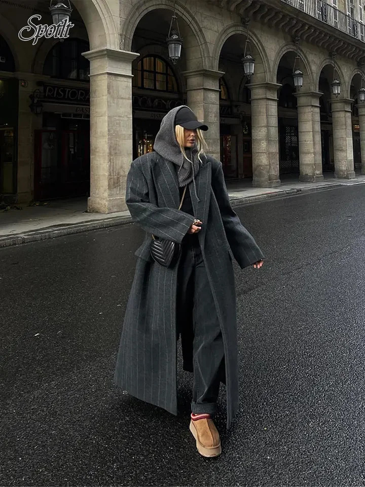Femmes mélange de laine de rayures gris foncé