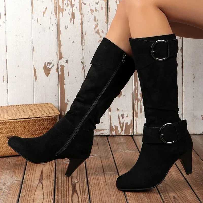 High Quality Autumn Fi Boots Side Zip Shoes Wen Mid cap Boots Pointed Tip Womens High H suede Botas De Invirino Para Mujer T241113