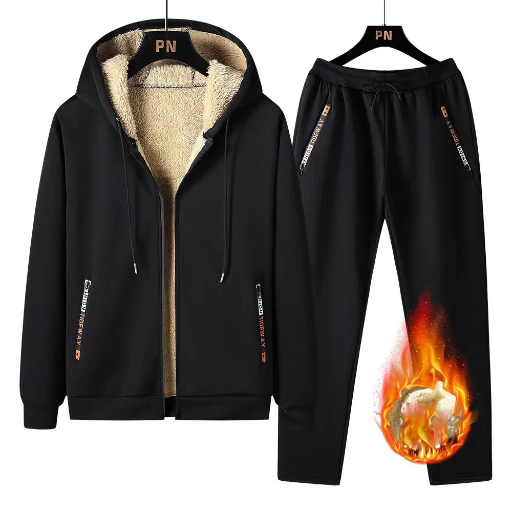 Autumn And Winter Men Thickened Two Piece Set Lamb Fleece Coat Casual Pants Sports Trendy Clothes Extra Large Mens Suits 241111