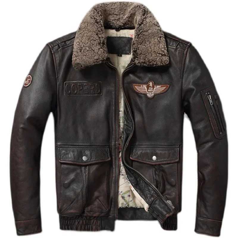 Retro leather jacket mens flight jacket natural fur collar aviation bomber jacket mens motorcycle jacketW240711