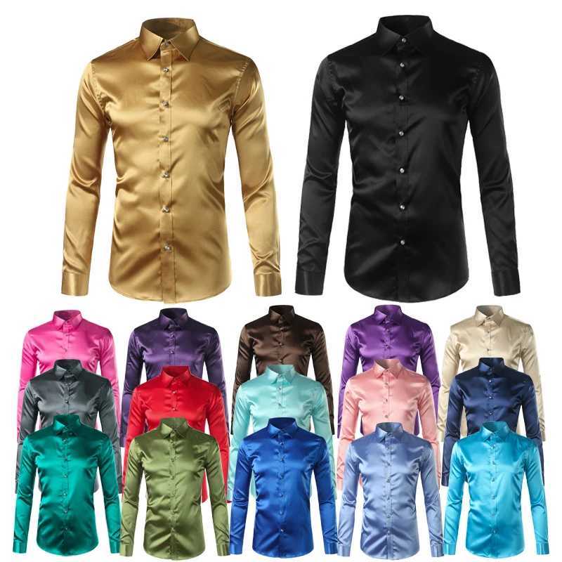 Silk Shirt Men 2022 Satin Smooth Men Solid Tuxedo Shirt Business Chemise Homme Casual Slim Fit Shiny Gold Wedding Dress ShirtsXJ24113