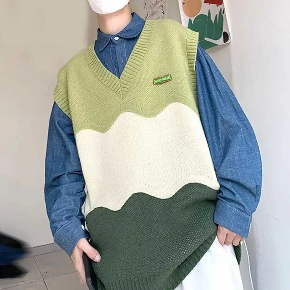 Classic Sweater Tank Top V-neck Warm and Comfortable Mens Colored Block Tank Top Couple Soft Knitted W241113