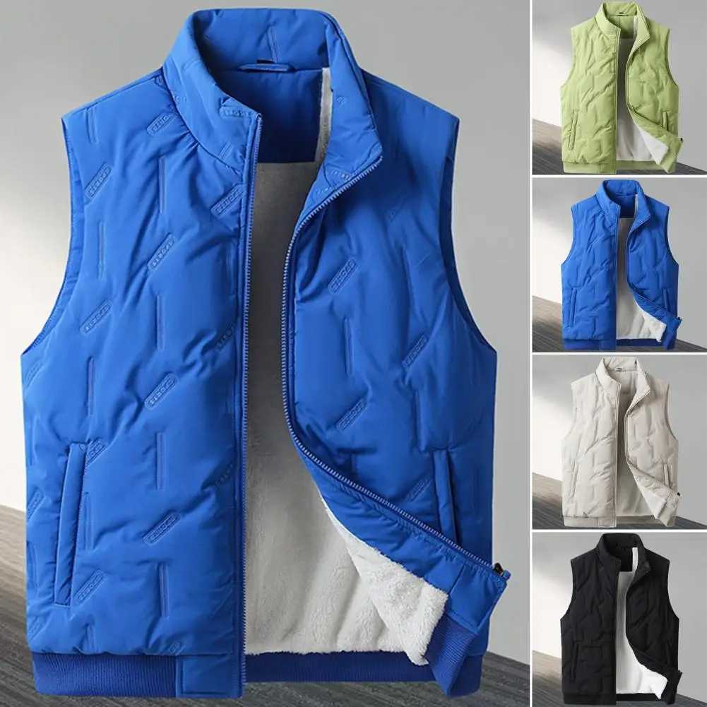 New Winter Mens Tank Top Jacket Solid Blue Green Sleeveless Coat Cashmere Lining Warm Coat Size Up W241113