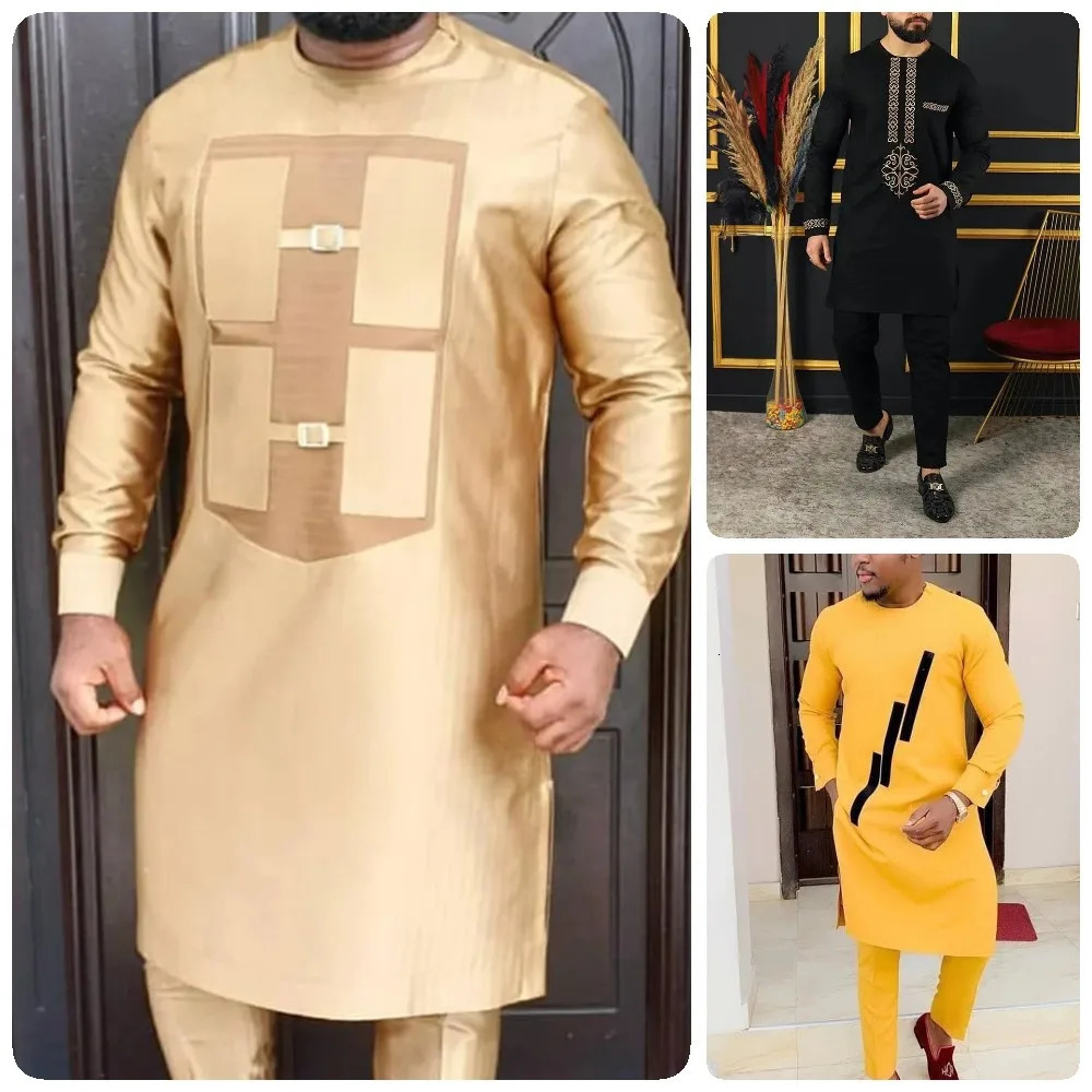 2024 Mens Elegant Long Sleeve Suit Shirt Pants 2piece Round Neck Stitching Solid Color Party African Ethnic Style 241113