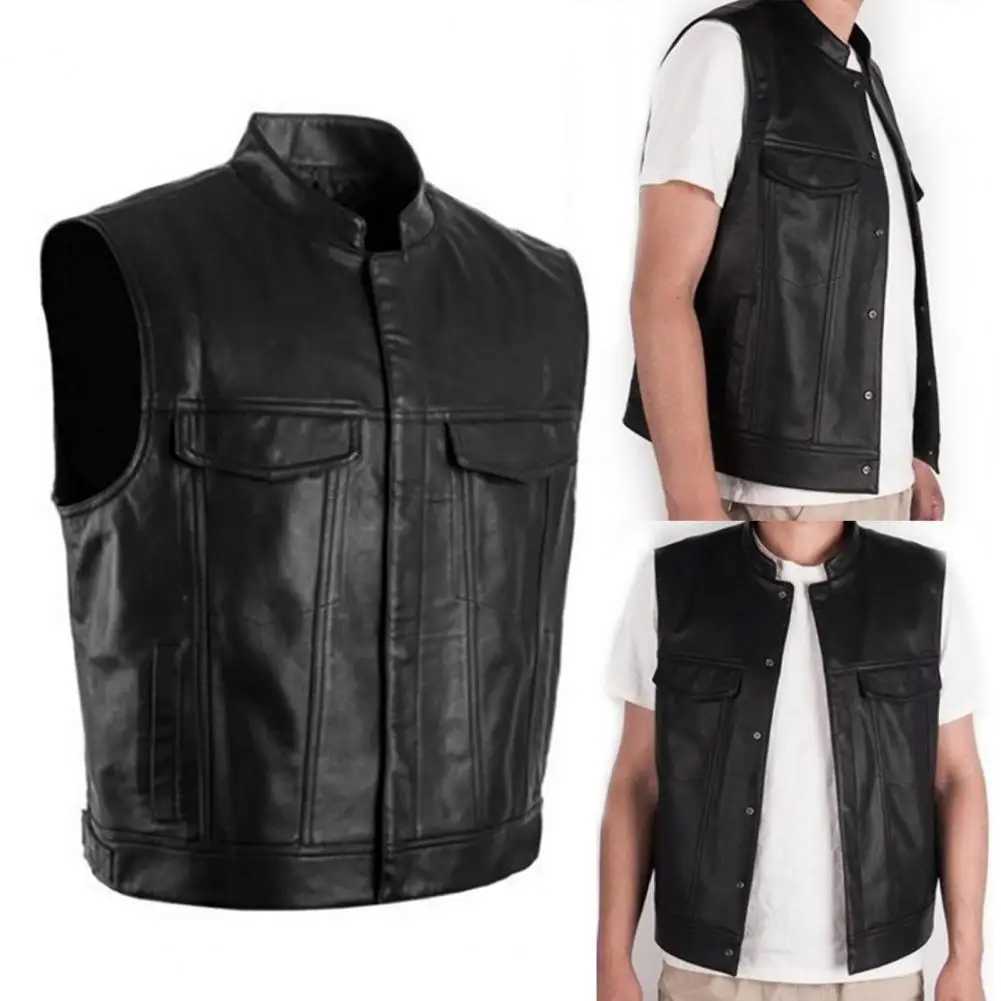 Tenez-vous en collier sans manches gilettes de gilet de bouton en cuir synthétique Veste de moto veste pour hommes Jaqueta masculina W241113