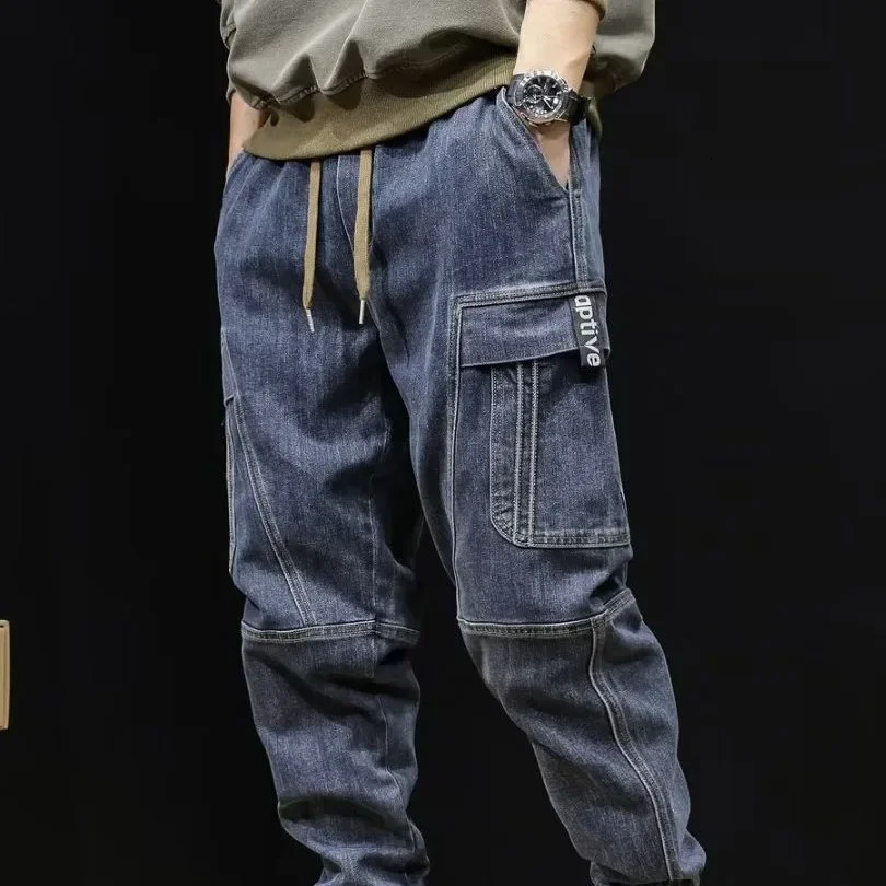 2023 Mens Jeans Loose Fit Casual Style Vintage Cargo Pants Trendy Male Fashion Straight Blue Stretch Denim Trousers 241113