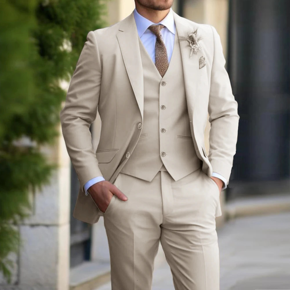 Beige Men Suit 3 Pieces Fashion Slim Fit Blazer Vest Pants Set Classic Formal Business Wedding Tuxedos for Casual Clothing 241113