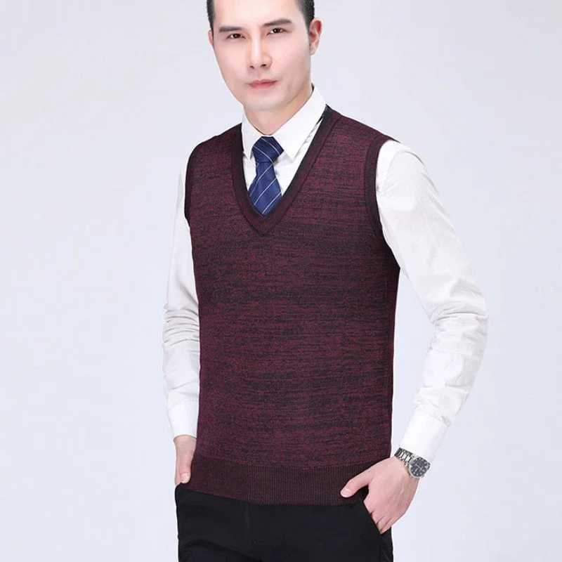 Mens business knitted sweater vest red V-neck mens clothing sleeveless elegant black winter 2024 new Y2k retro style W241113