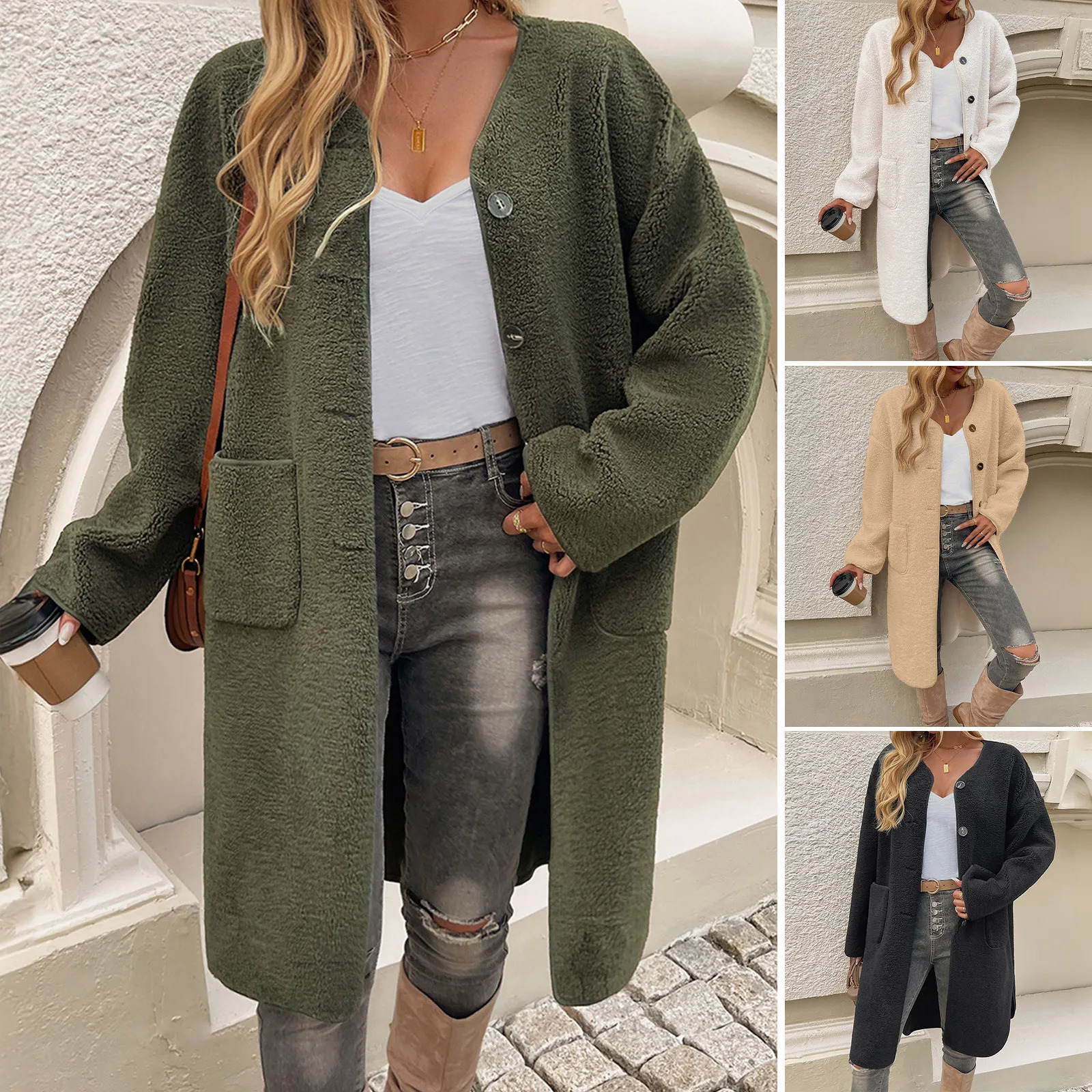Automne Winter Womens Plus Coat Couleur solide Couleur de cardigan poitrine simple Ladys Pocket Vneck Casual Windbreaker lâche 241108