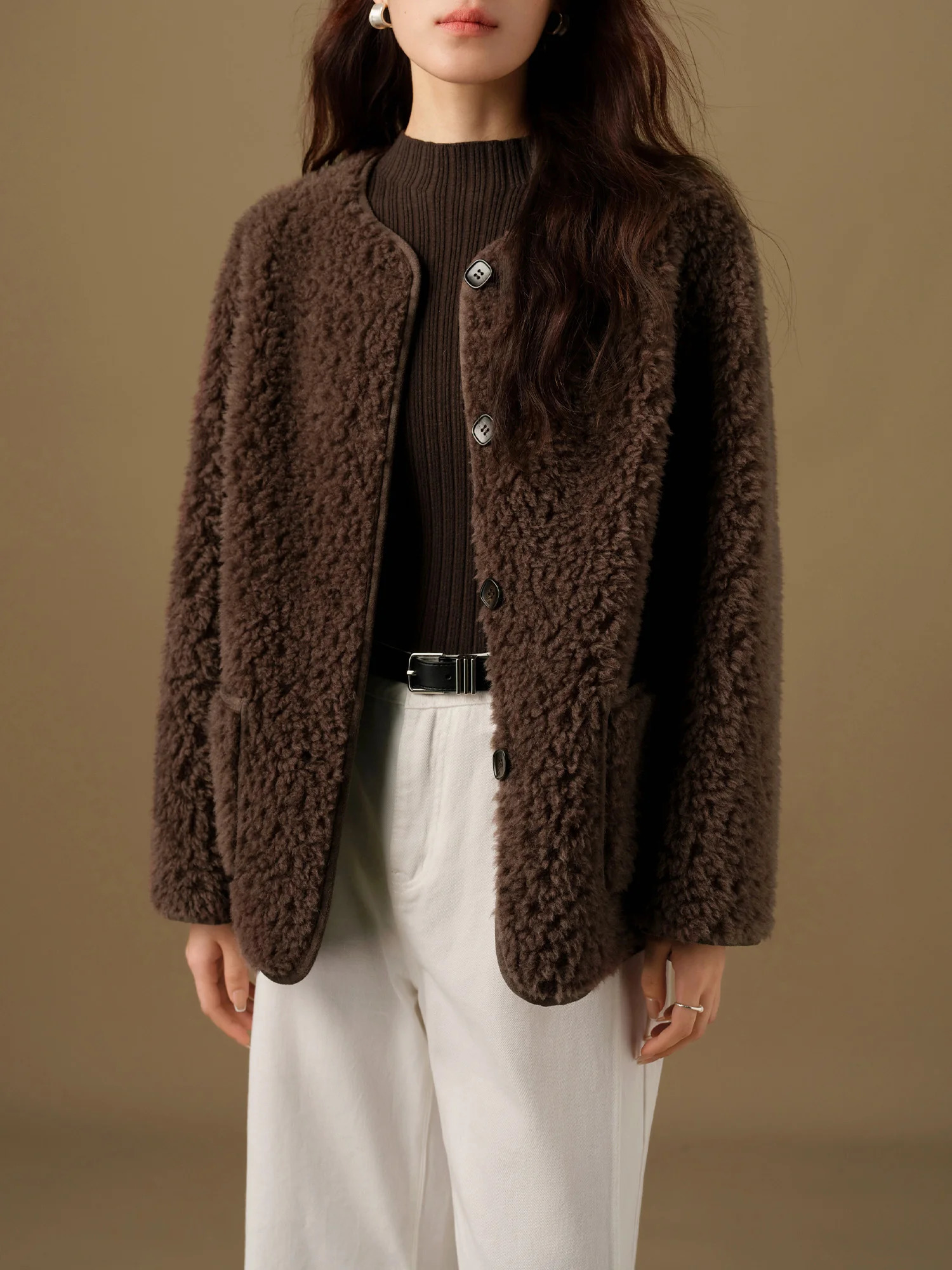 DUSHU 100 Vestes en laine pour femmes Marron foncé Col rond ample Manteaux d'hiver décontractés Doublure en daim Femme 24DS84187 241108