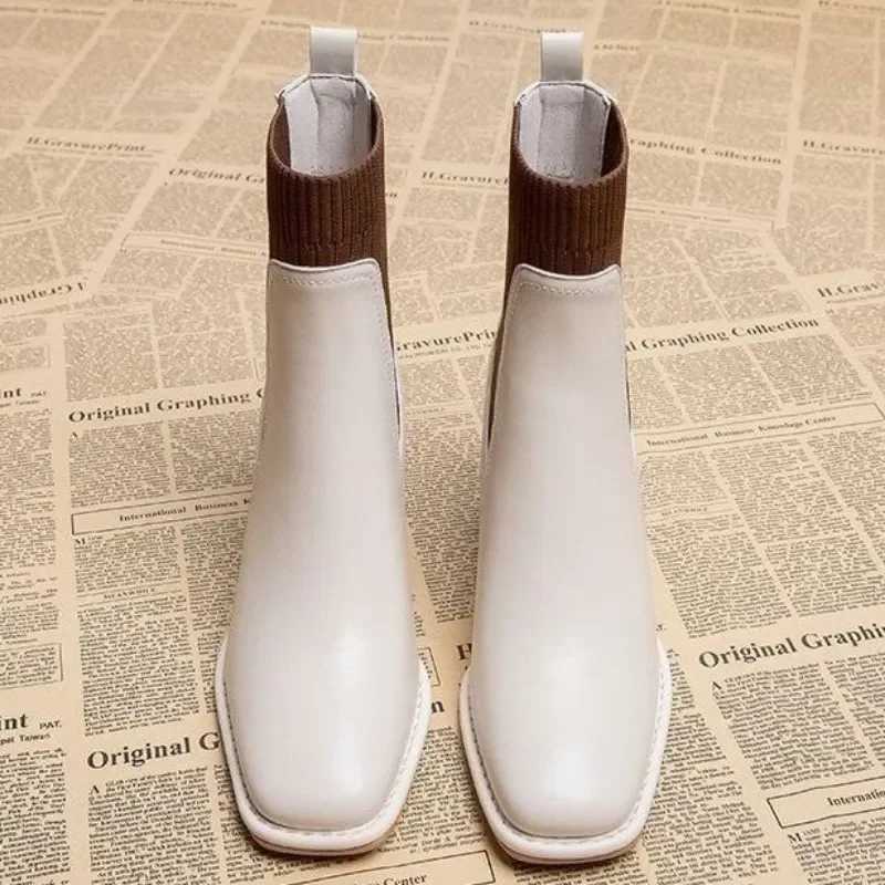 High Quality Wens Autumn New Slip Leather Boots Solid Color Elegant High Heel Ankle Boots Fem Winter Fi Size Plus Womens Shoes T241113