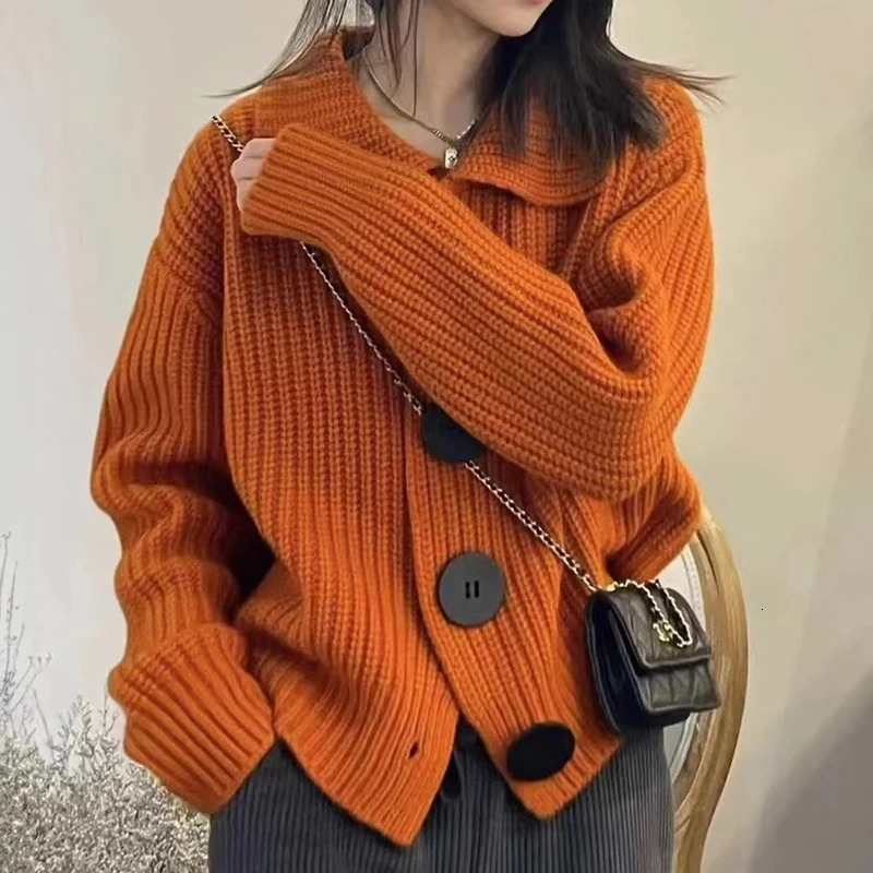 Womens y Knit Cardigan Jacket Big Button Collared Soft Woolen Ribknit Sweater Autumn Winter Outfit 241113