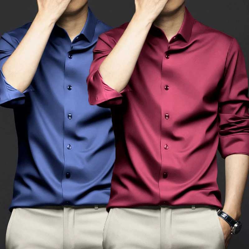 S-5XL Luxury Mens Social Shirt Long Sleeve Solid Silk Smooth Non iron Wrinkle Resistant High Quality Business Formal Dress ShirtXJ24113