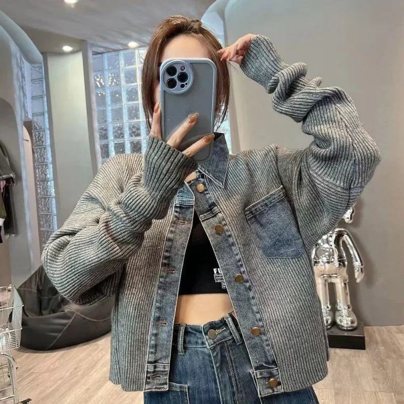 Vintage Denim Patchwork Sweater Knitted Top Womens Early Autumn 2024 Loosefit Fashionable Jacket Thin Vneck Pullovers 241113