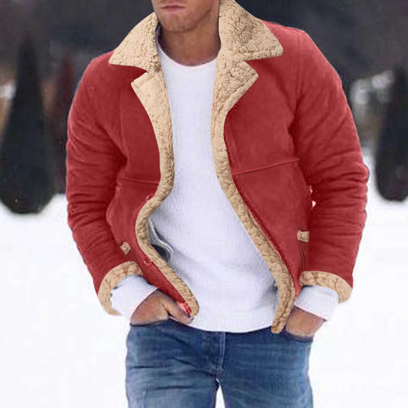 Mens plus size winter coat with lapel long sleeved trimmed leather jacket retro thick coat sheepskin jacket W241113