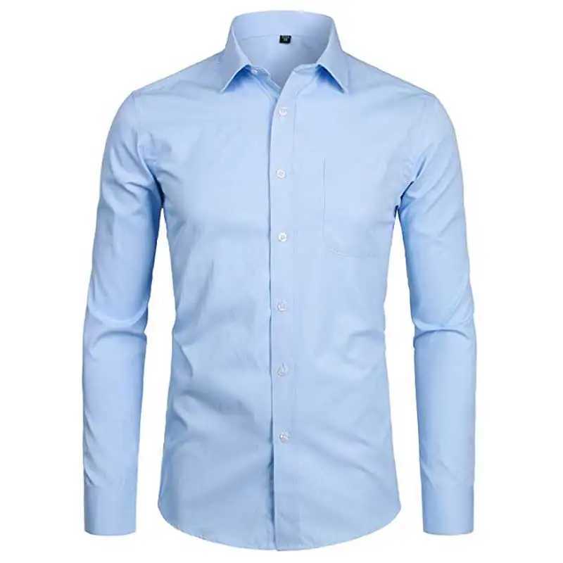 Mens Sky Blue Slim Fit Dress Shirts Slim Fit Long Sleeve Brand Shirt Men Cotton Top Quality Business Formal Shirt with PocketXJ24113