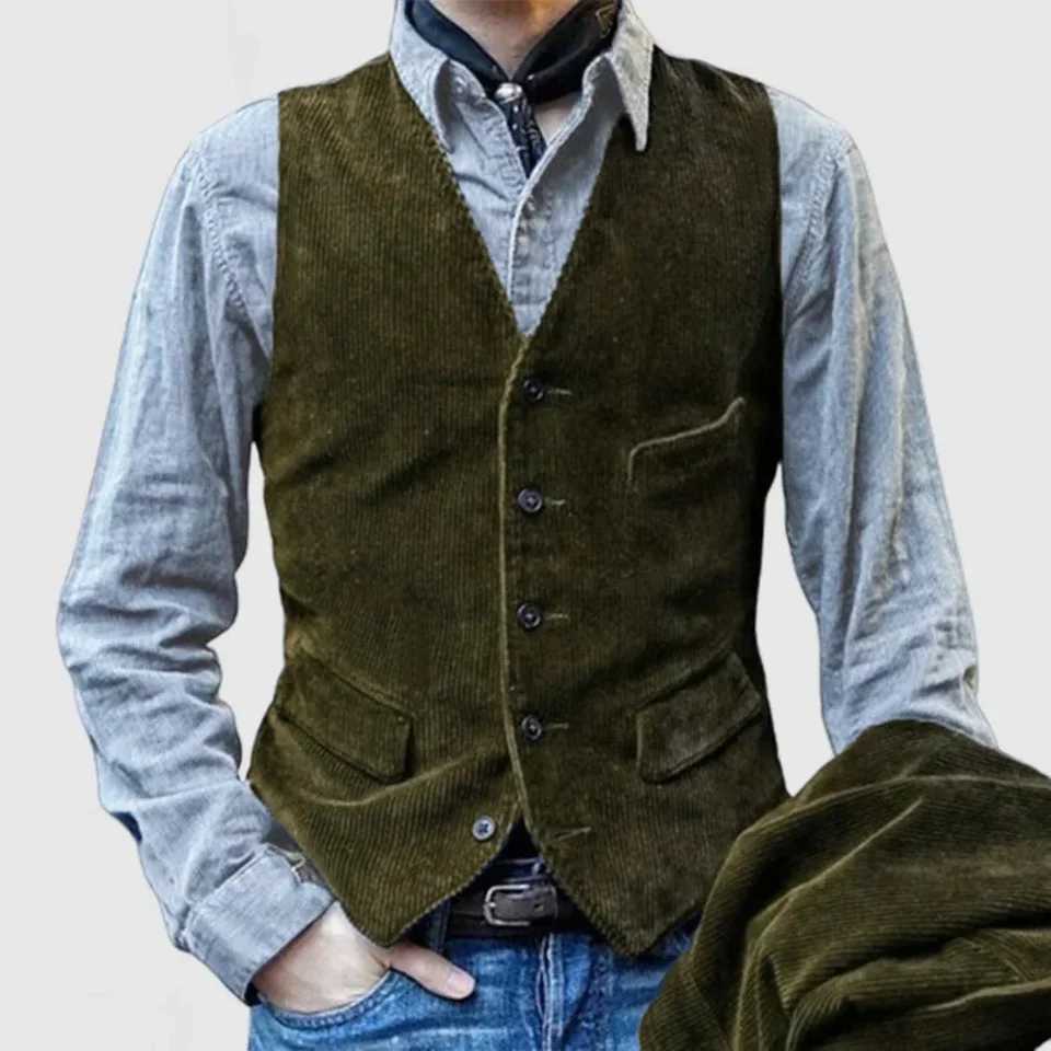 Mens Corduroy button up vest jacket retro British ultra-thin sleeveless vest W241113