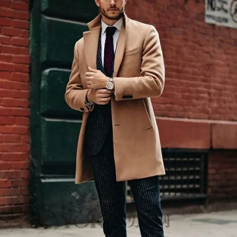 British Style Mens Midtolong Overcoat for Spring and Autumn Korean Fashionable Business Woolen Highend 241107Z